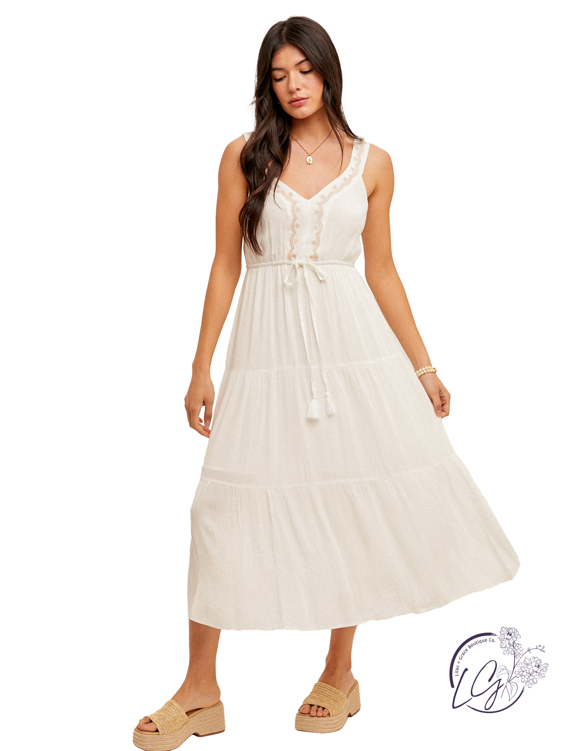 Hem & Thread Embroidery Tier Tie Waist Midi Dress in Ecru/White