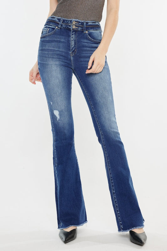 Maleah High Rise Double WB Detail Fray Hem Flare Jean By Kancan
