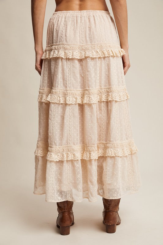 Moonlit Lace Embroidered Tiered Maxi Skirt