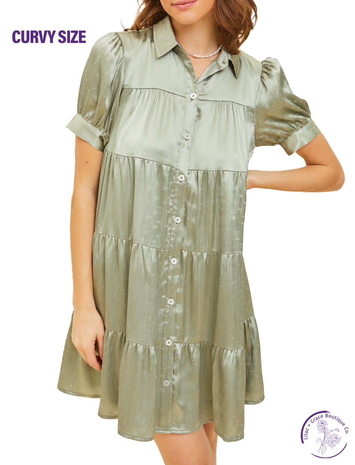 Curvy Beaded Satin Button Down Dress Bright Sage / 1XL