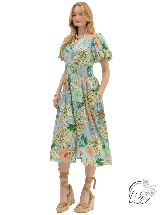 Quiet Tan V-Neck Midi Dress