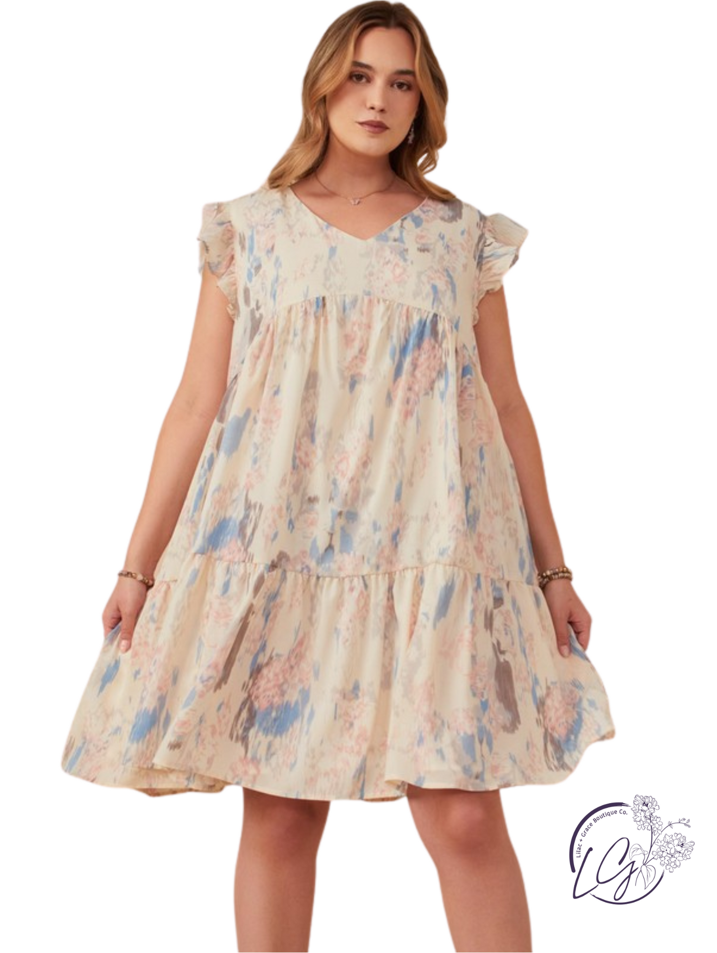 Curvy Watercolor Mist Ruffle Dress