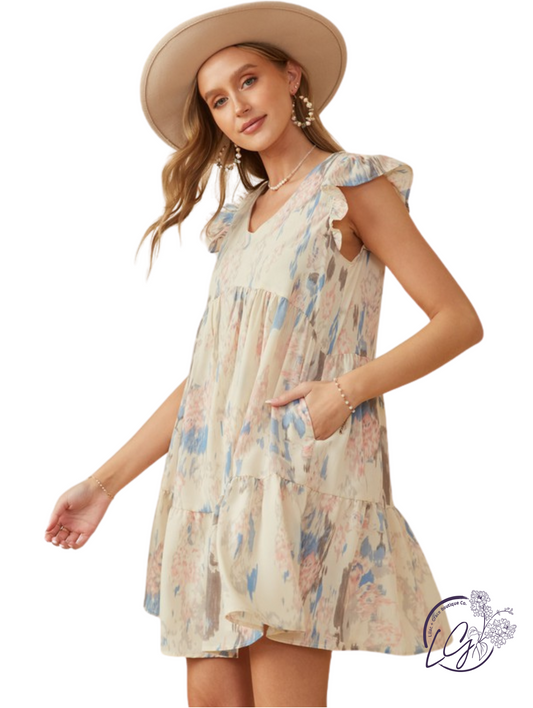 Watercolor Mist Ruffle Dress