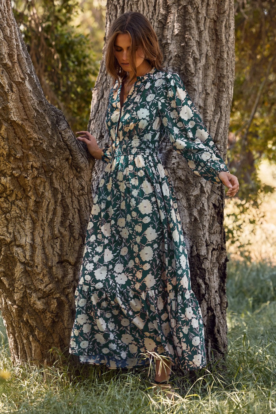 PLUS Oddi Green & Cream Floral Smocked Waist Maxi Dress