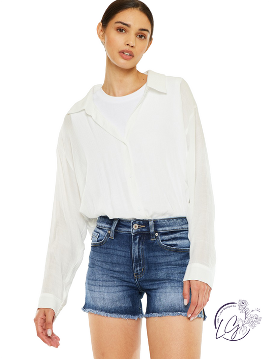 Liana High-Rise Frayed Hem Denim Shorts by Kan Can