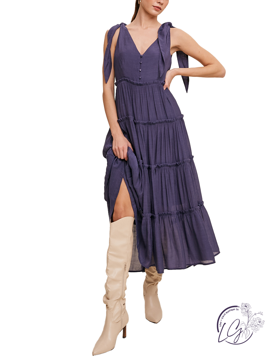 purple tiered midi dress Skies The Limit Tiered Midi Dress Navy / Large