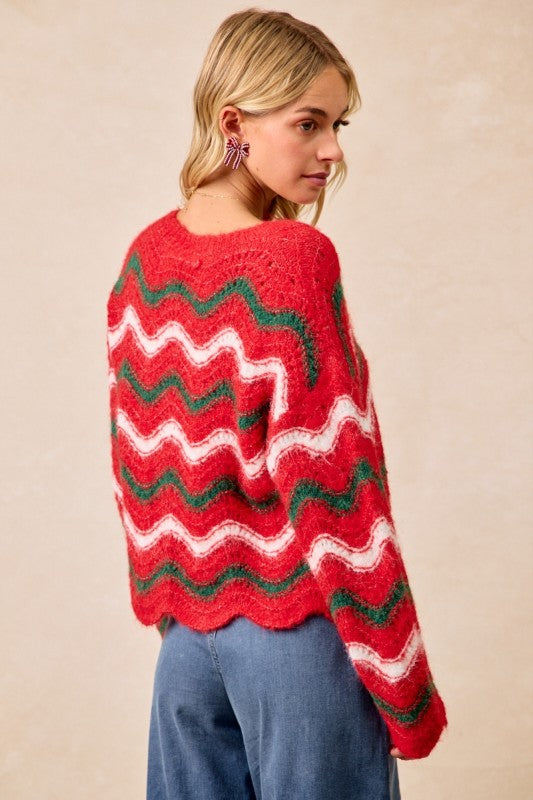 Festive Wavy Stripes V-neck Sweater