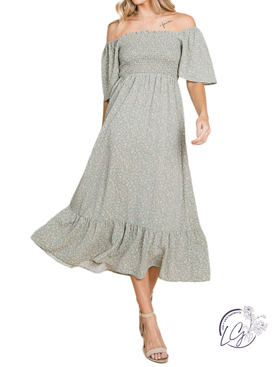 elegantly fab off shoulder maxi dress Curvy Floral Elegance Midi Dress Sage / 2XL