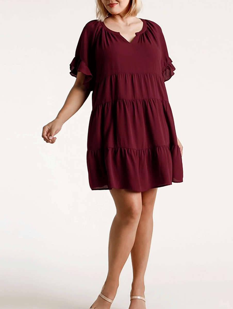 Curvy Falling in Love Tiered Dress in Burgundy Curvy Falling in Love Tiered Dress in Burgundy