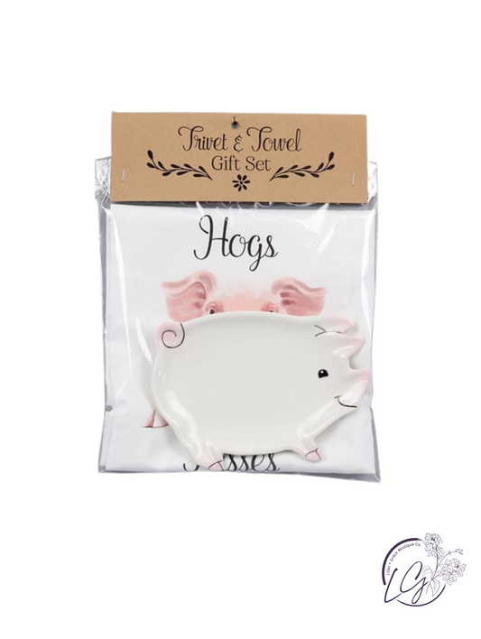 Pig Design Fabric Dish Towel with Ceramic Soap Dish Set