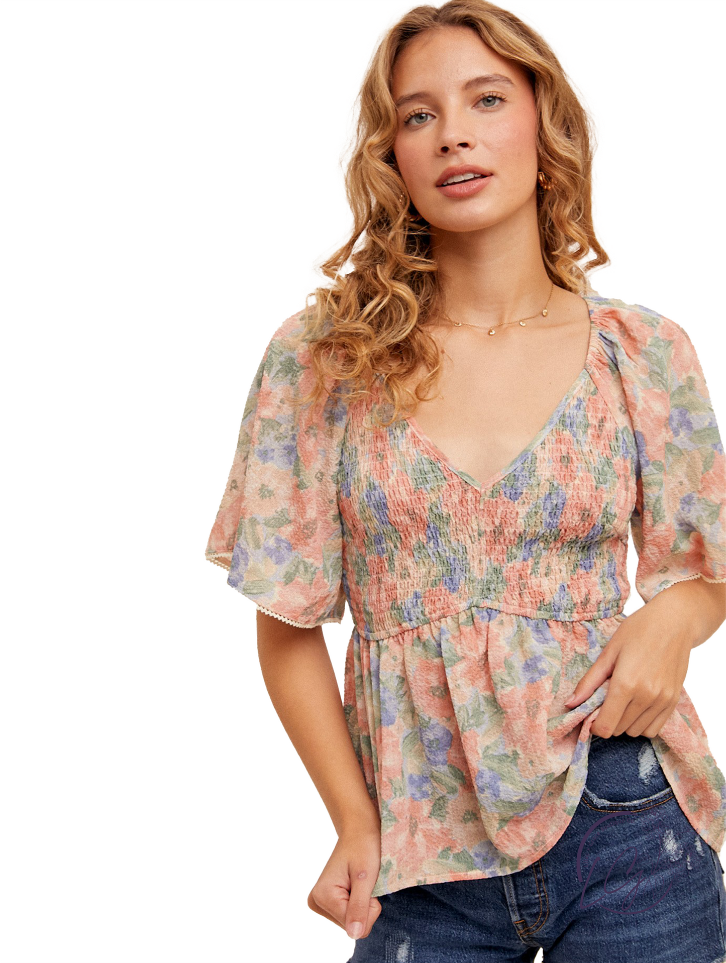 Boho Blossom Flutter Sleeve Peplum Top