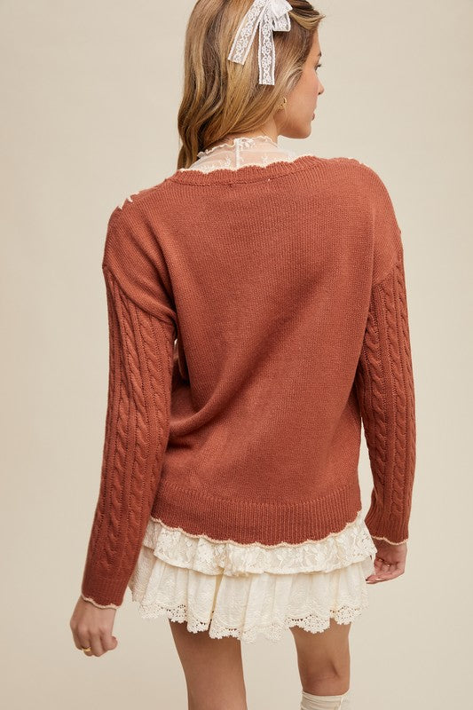 Autumn Bloom Floral Embroidered Cable Knit Sweater