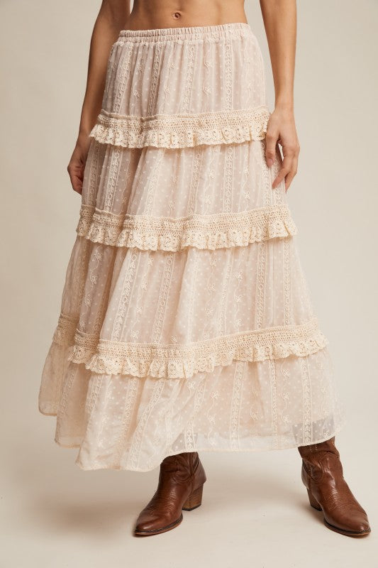 Moonlit Lace Embroidered Tiered Maxi Skirt