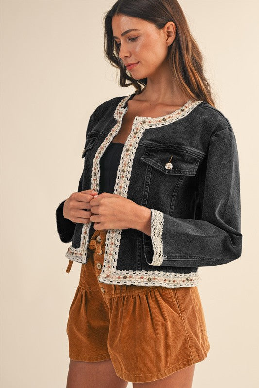 Rustic Charm Lace Trim Denim Jacket