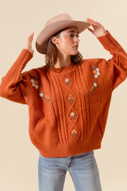 Embroidered Flower Cable Knitted Sweater Top