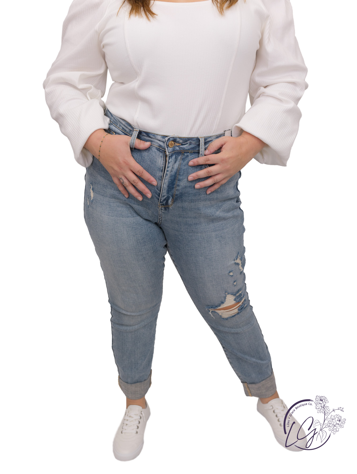 Curvy Denise Knee Destroy & Cuffed Long Boyfriend Jeans By Judy Blue