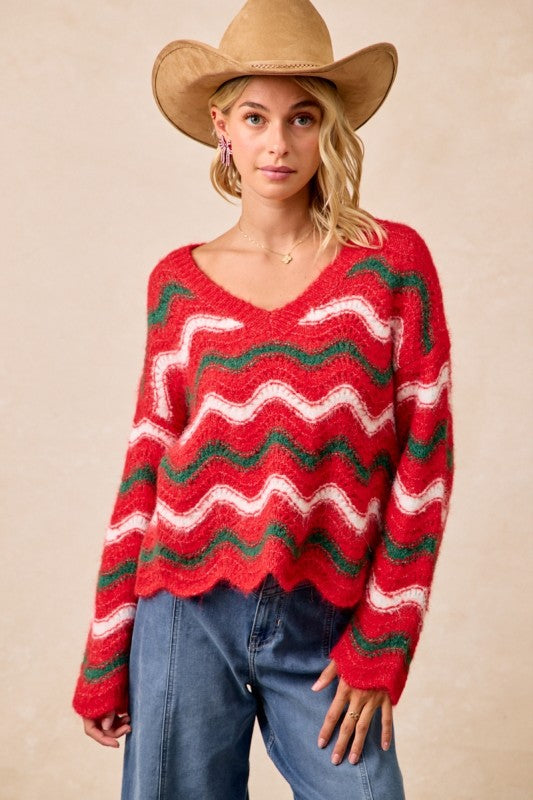Festive Wavy Stripes V-neck Sweater