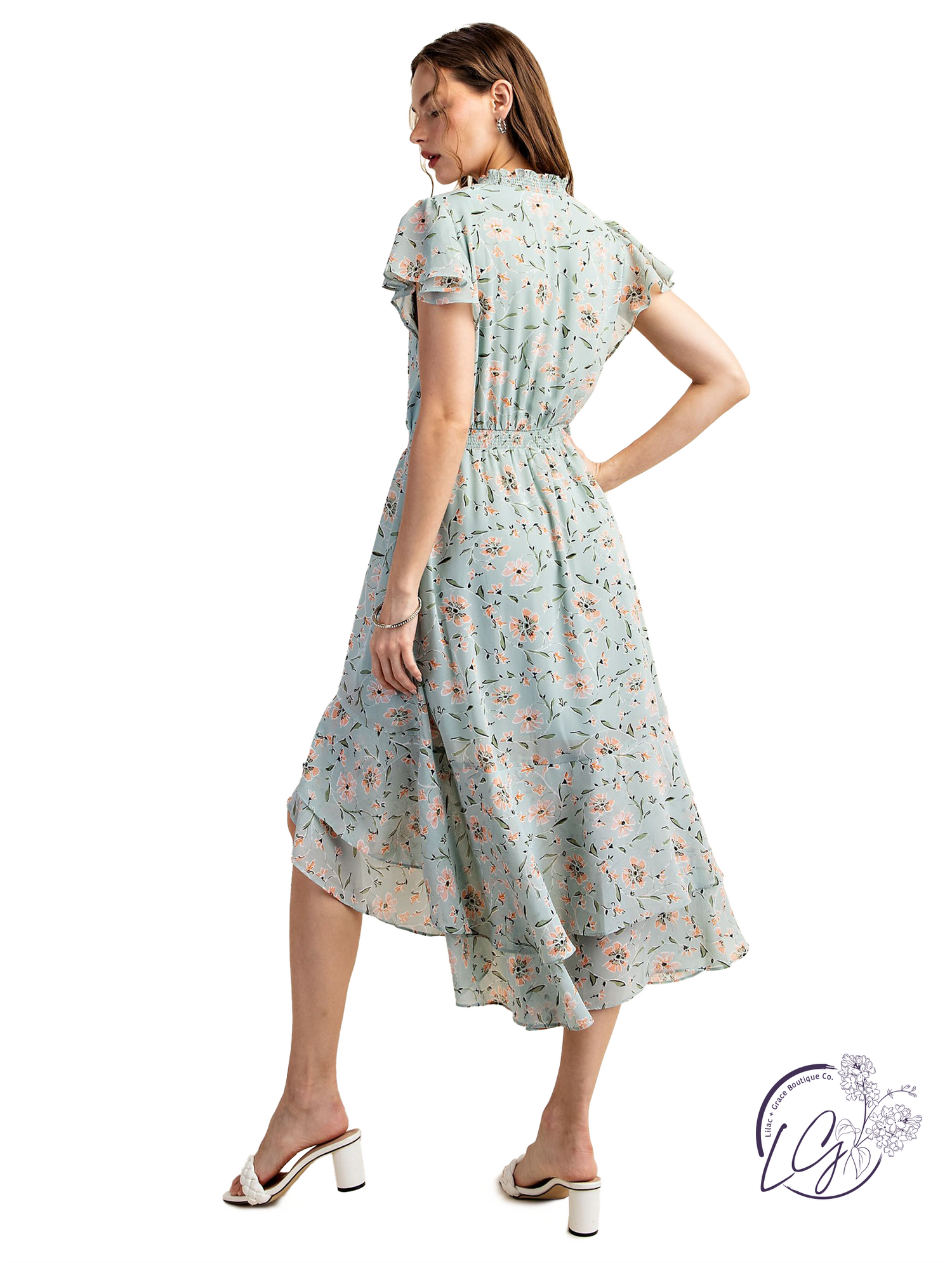 Enchanted Evening Ruffle Sleeve Dress Sage Multi / Medium Enchanted Evening Ruffle Sleeve Dress Sage Multi / Medium