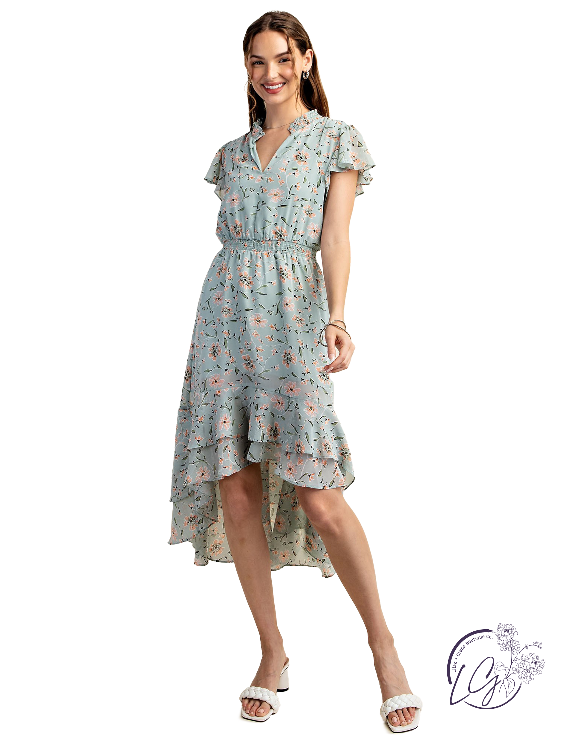 Dazzle In Style Smock Waist Dress Sage Multi / Small Dazzle In Style Smock Waist Dress Sage Multi / Small