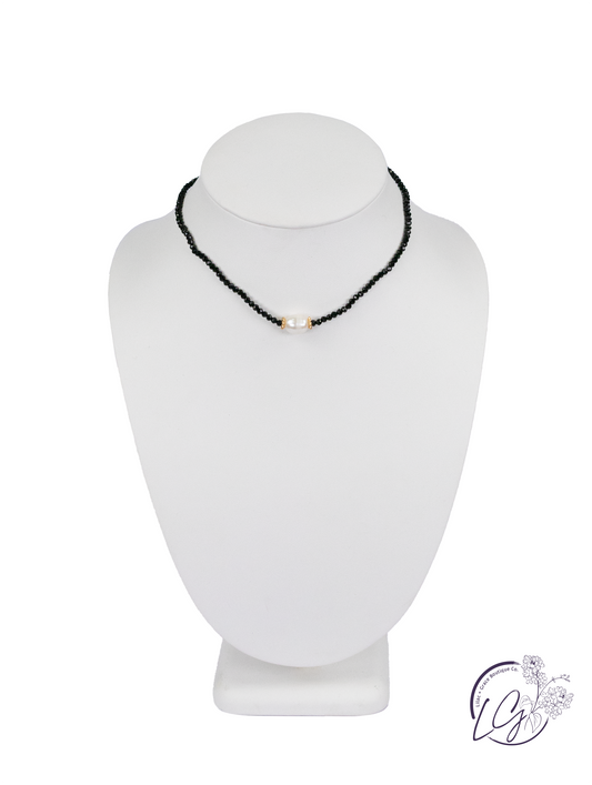 Black Rhinstone Necklace With A Pearl Charm