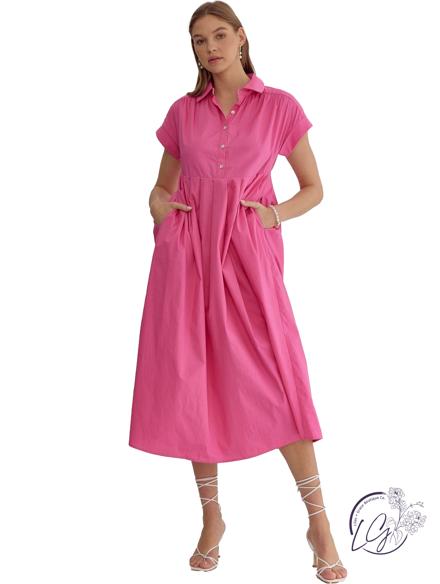 Binding Light Button Midi Dress