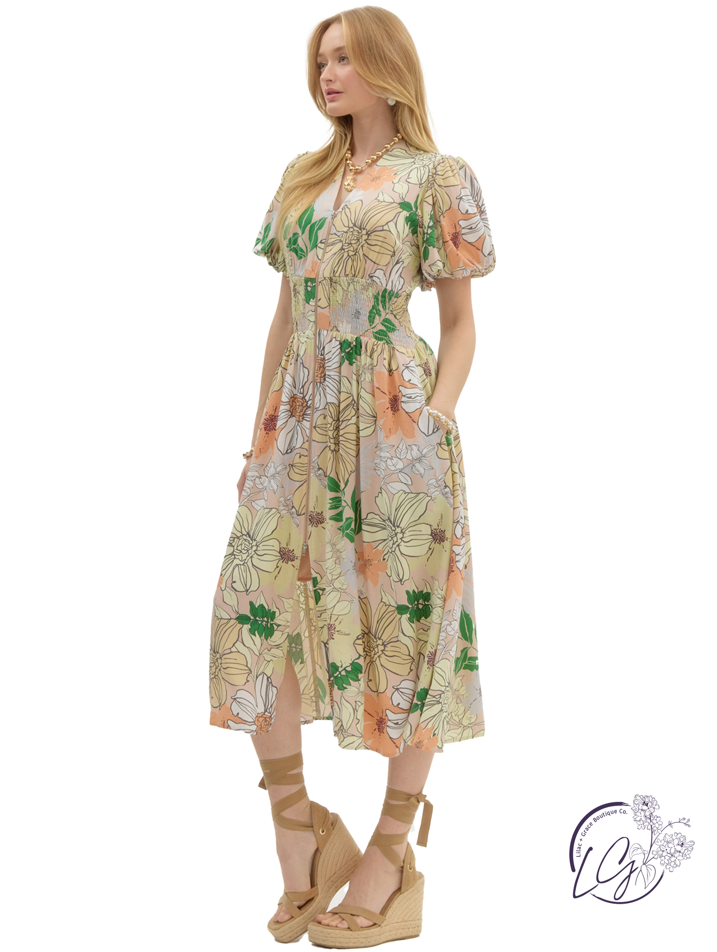 Quiet Tan V-Neck Midi Dress