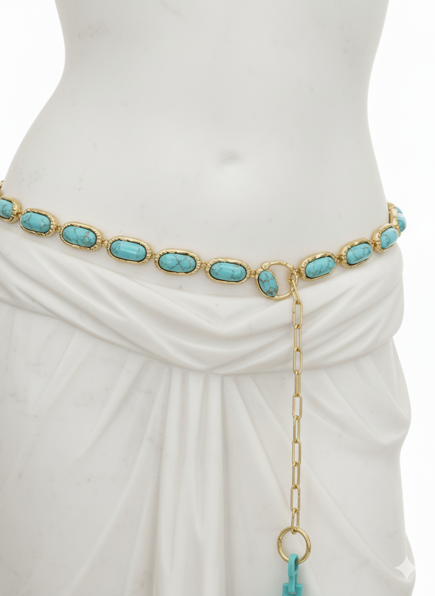 Turquoise and Gold Chain Belt N1203 cobee Concho Chain Waist Belts for Women, Turquoise Western  main image 4