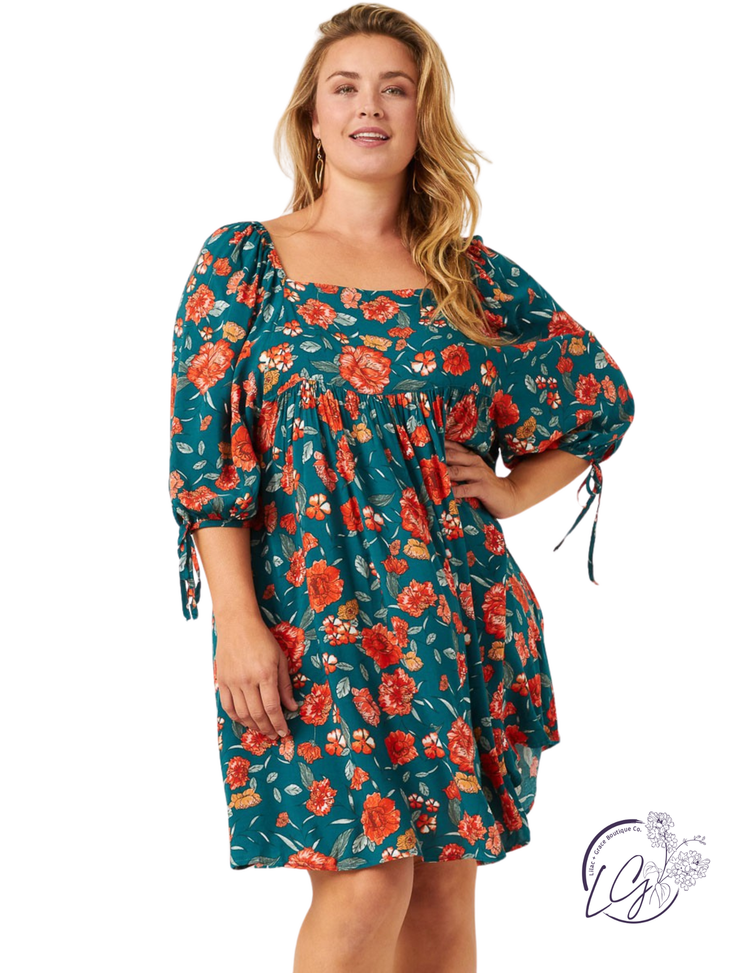 Curvy Gardenlace Tie Sleeve Mini Dress