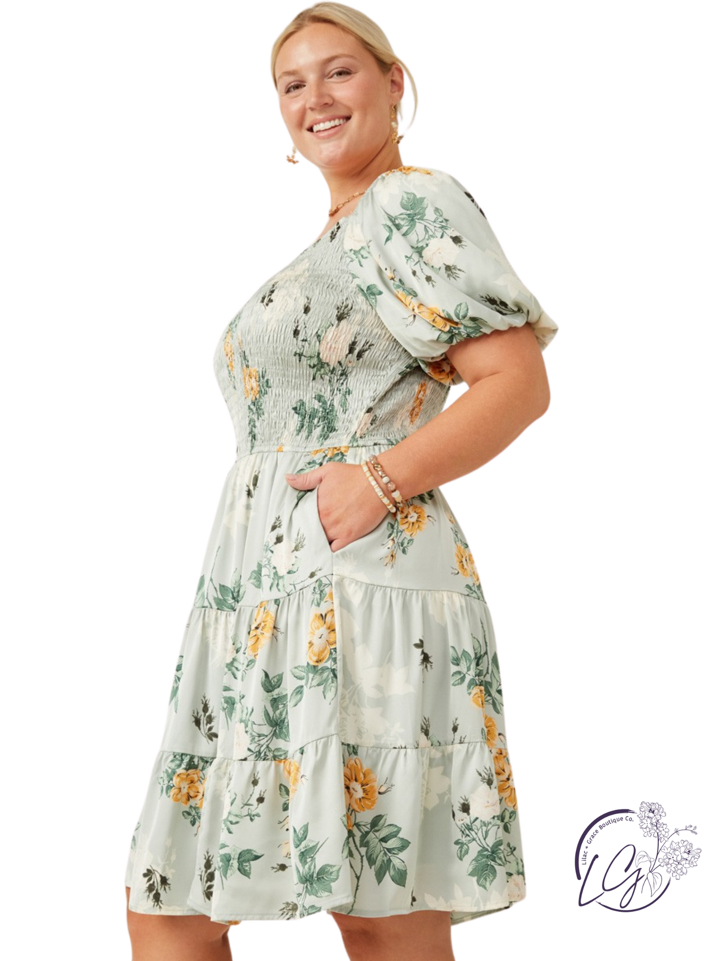 Curvy RoseSheen Smocked Floral Dress