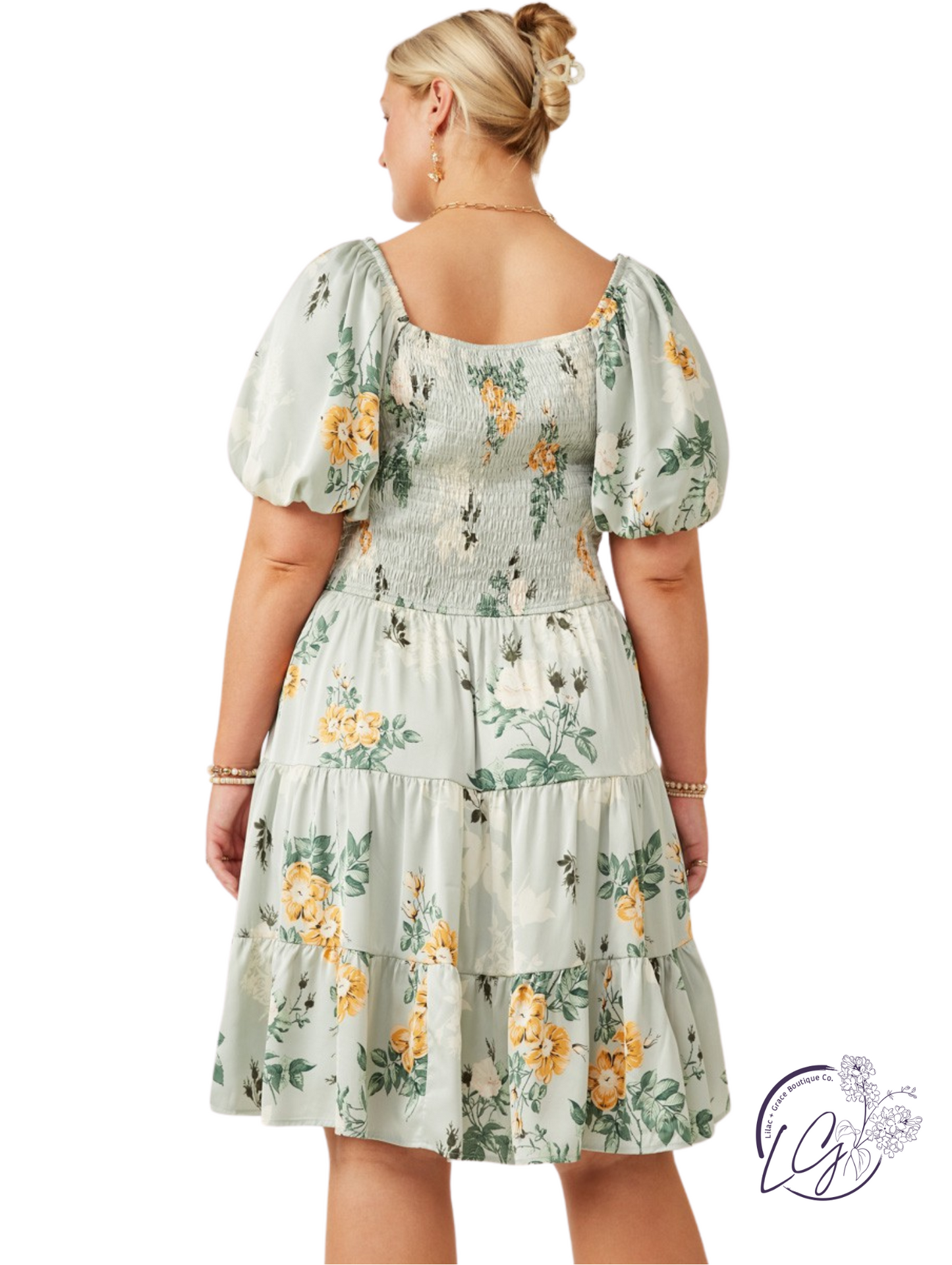 Curvy RoseSheen Smocked Floral Dress