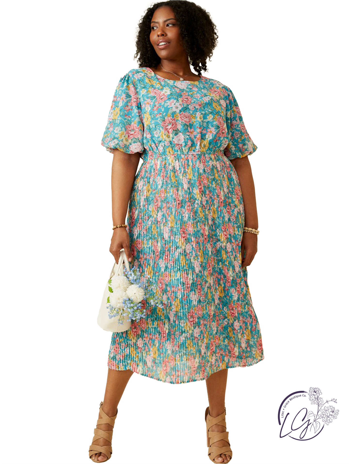 Curvy Hues of Flowers Pleated Skirt Dress