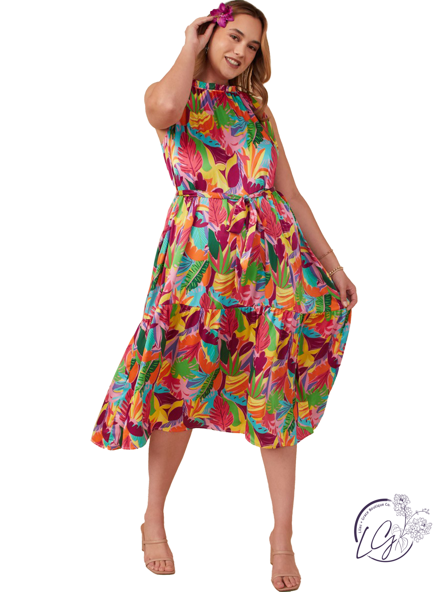 Curvy Sunny Hues Belted Dress