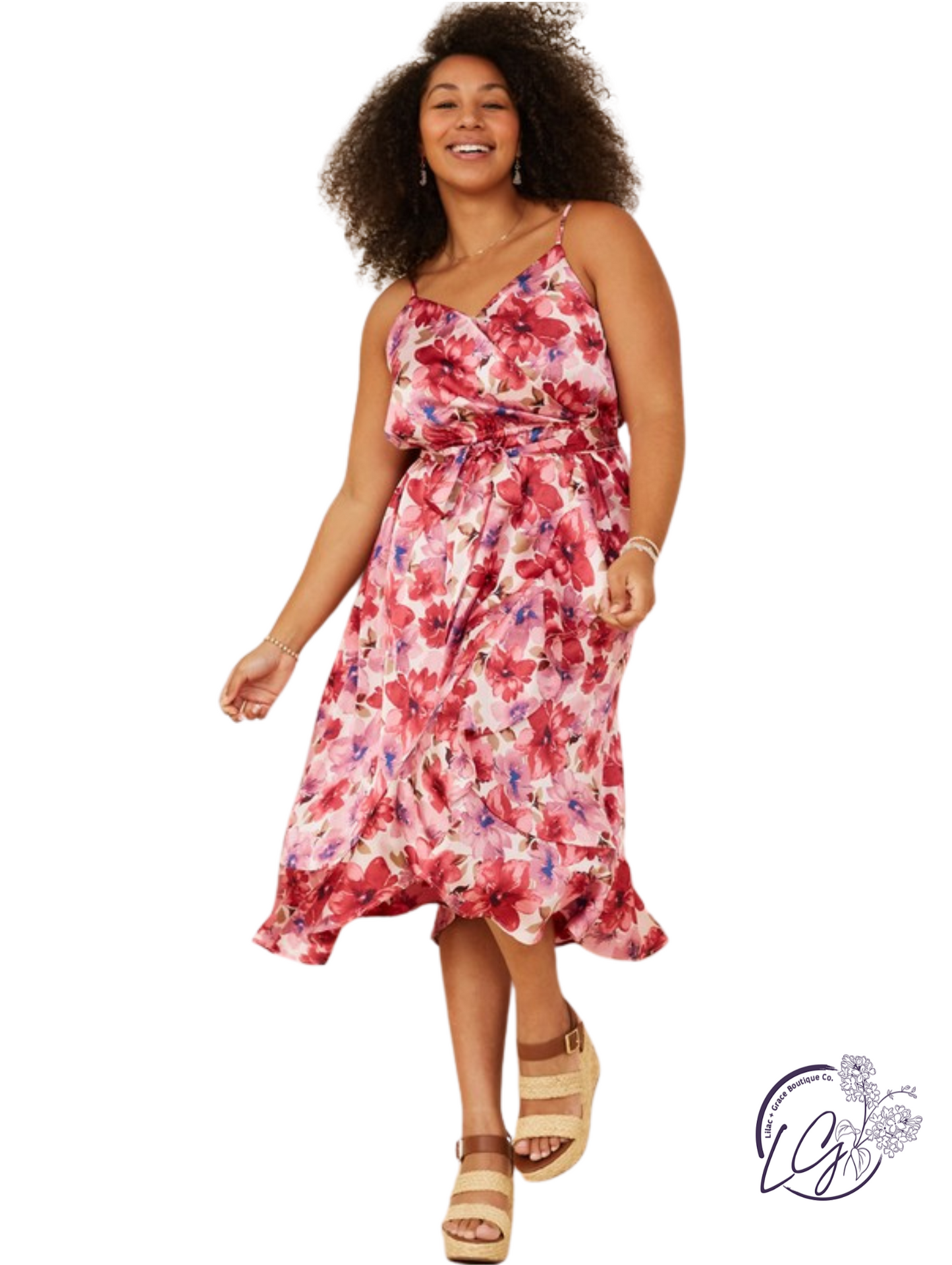 Curvy Satin Wrap Belted Dress