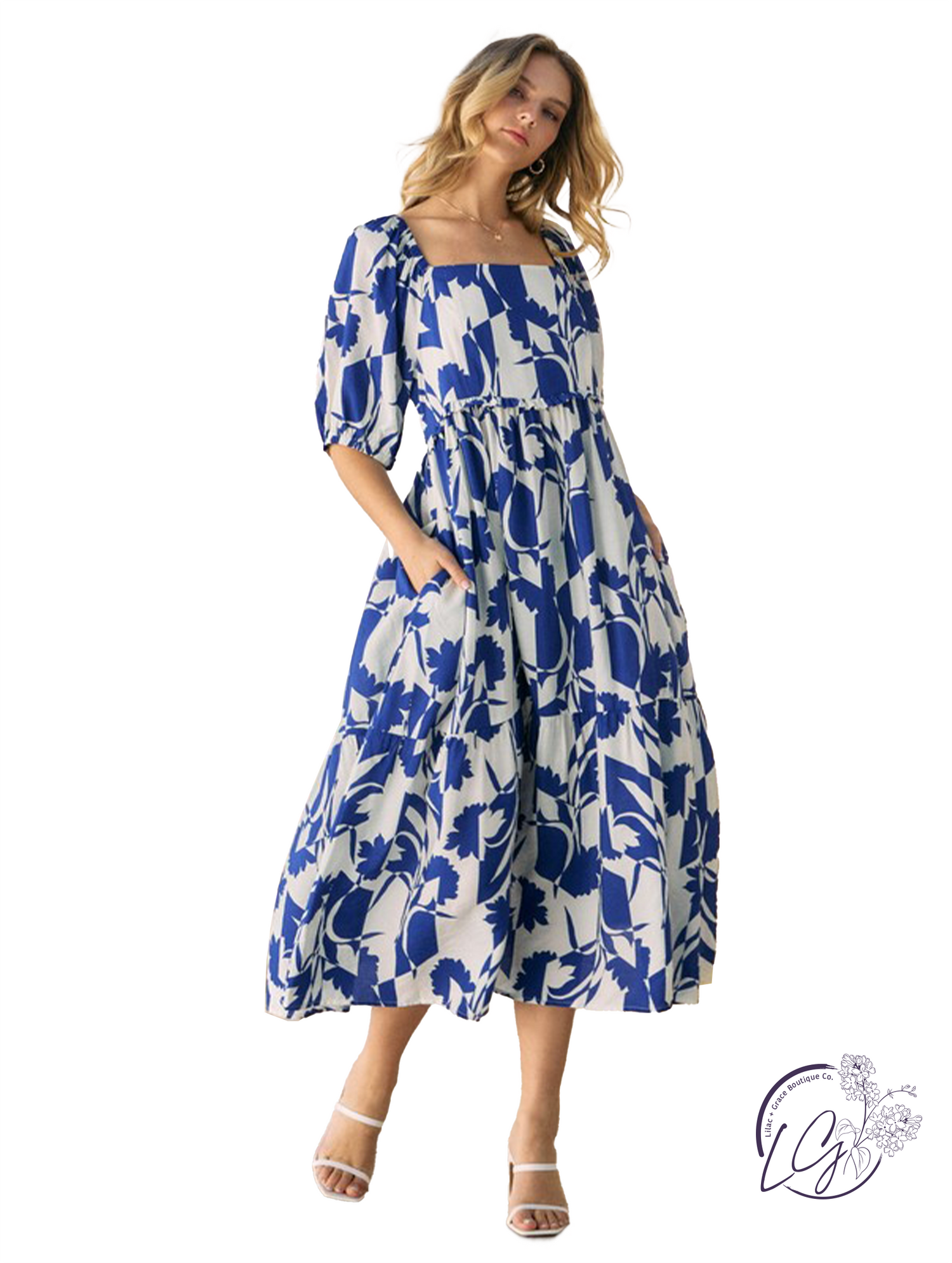 Hello, Sunshine Babydoll Midi Dress Off White/Royal / Large Hello, Sunshine Babydoll Midi Dress Off White/Royal / Large