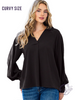 Curvy Solid V-Neck Blouse