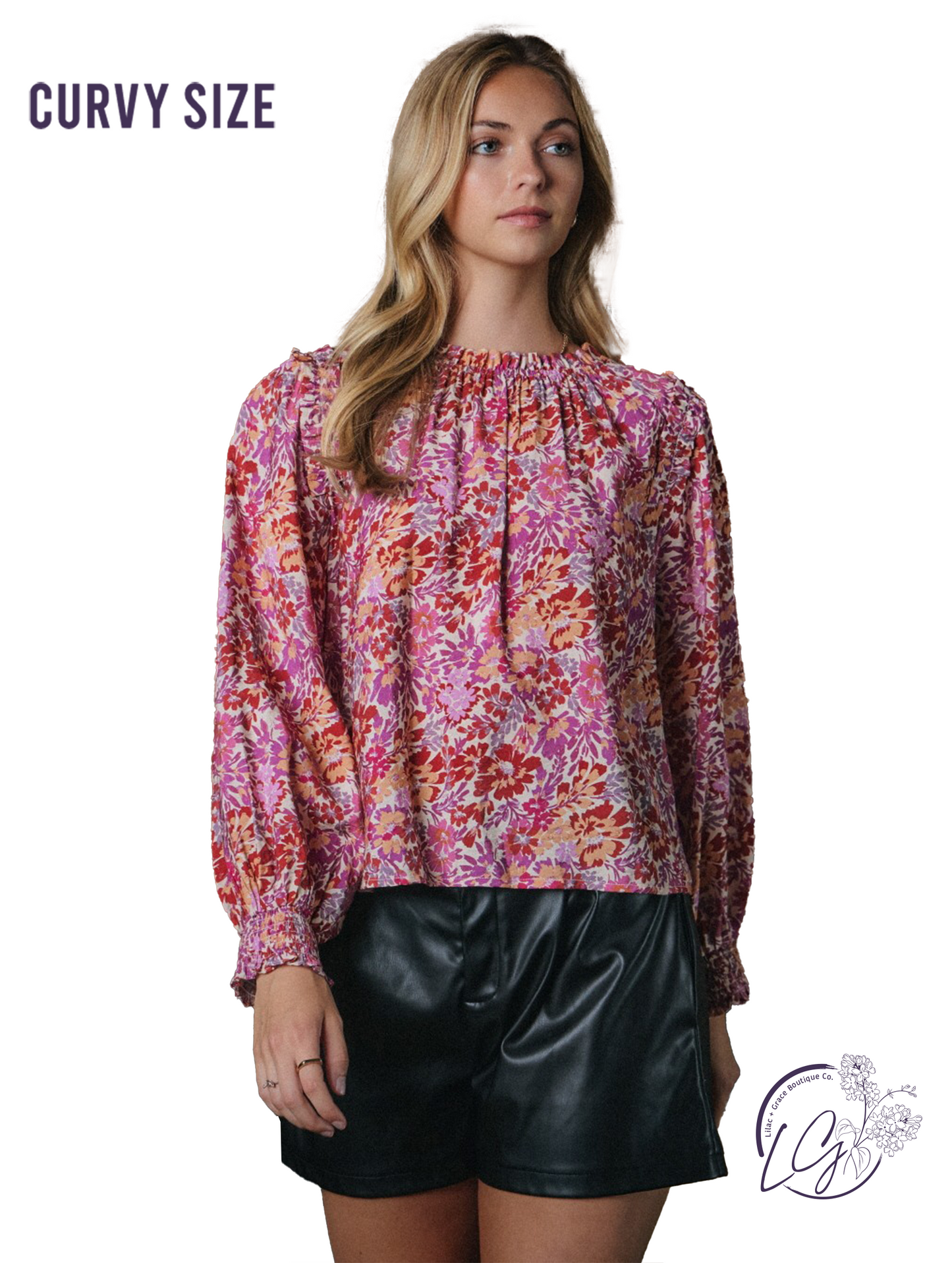 Curvy Floral Petals Long Sleeve Blouse