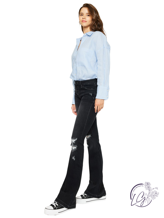 Nola Mid-Rise Button Fly Distressed Flare Jean by KanCan