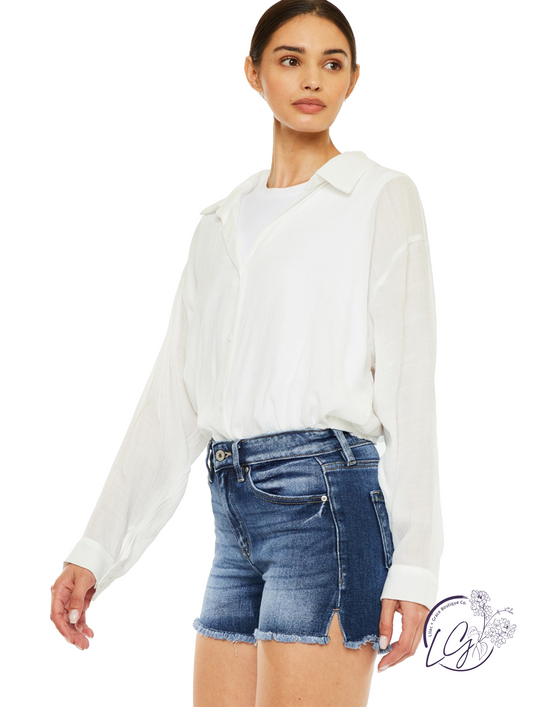 Liana High-Rise Frayed Hem Denim Shorts by Kan Can