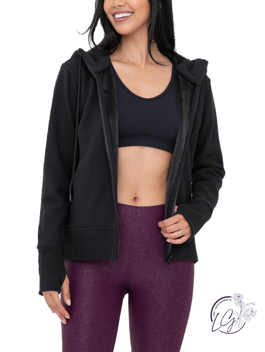 Mono B Chill Chic Fur Lined Zip Hoodie Medium Black