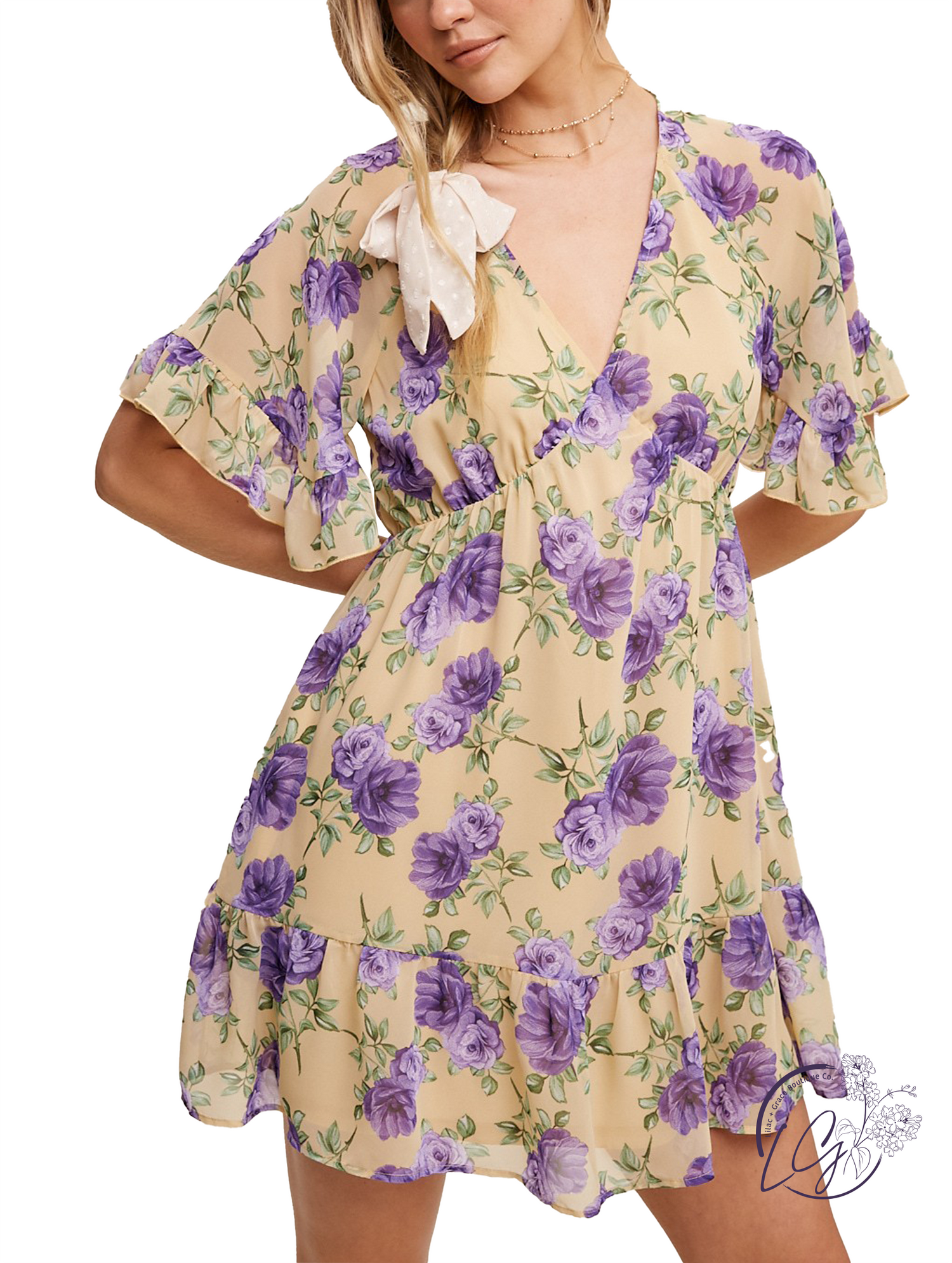 Garden Glam V-Neck Mini Dress Light Mustard / Small Garden Glam V-Neck Mini Dress Light Mustard / Small