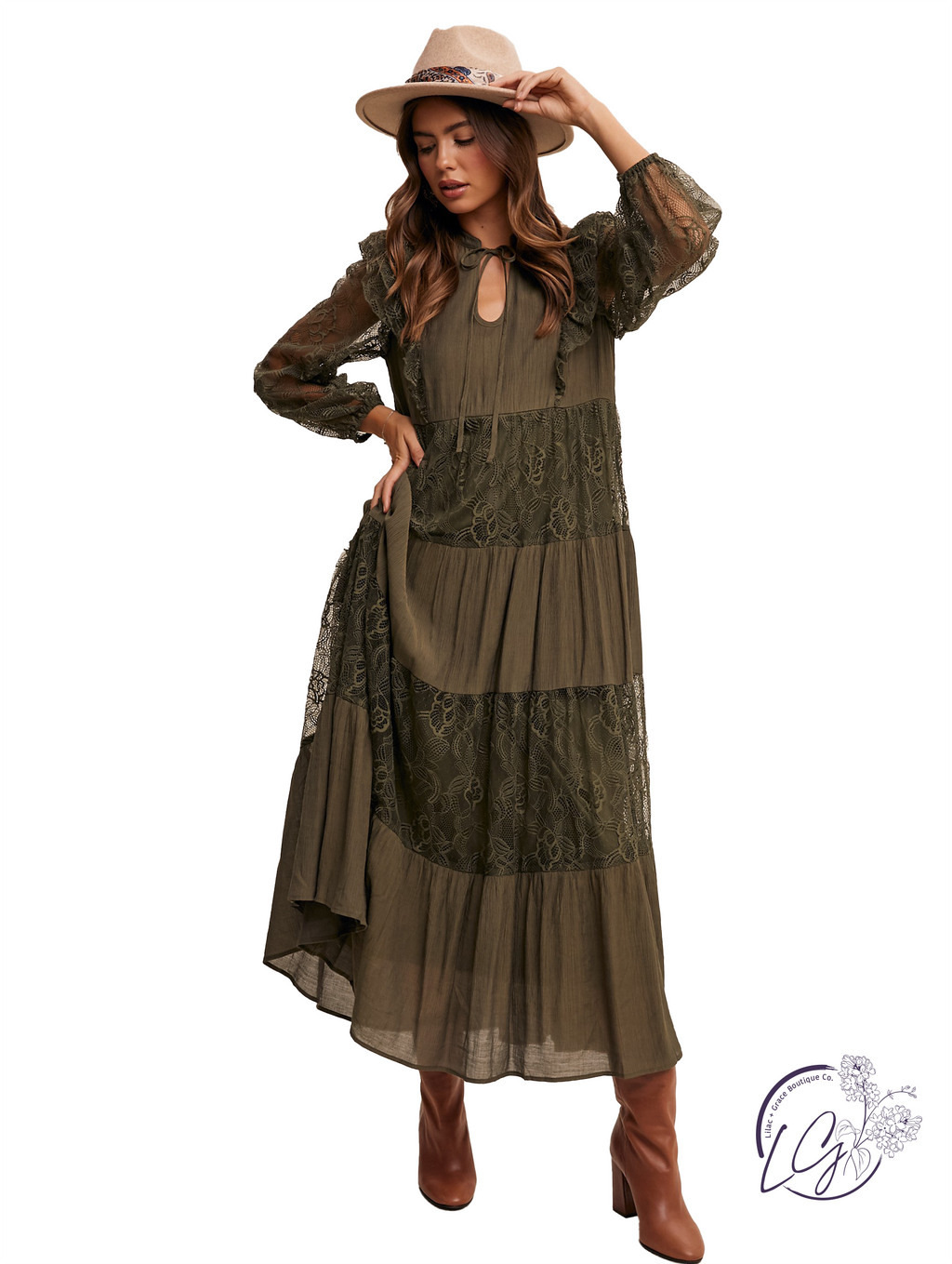 chinese dress ladies Women's Olive Maxi Dress — Lace, Elegant, Formal, Evening, Wedding Guest  Verdant Maxi Dress – Lauven main image 1