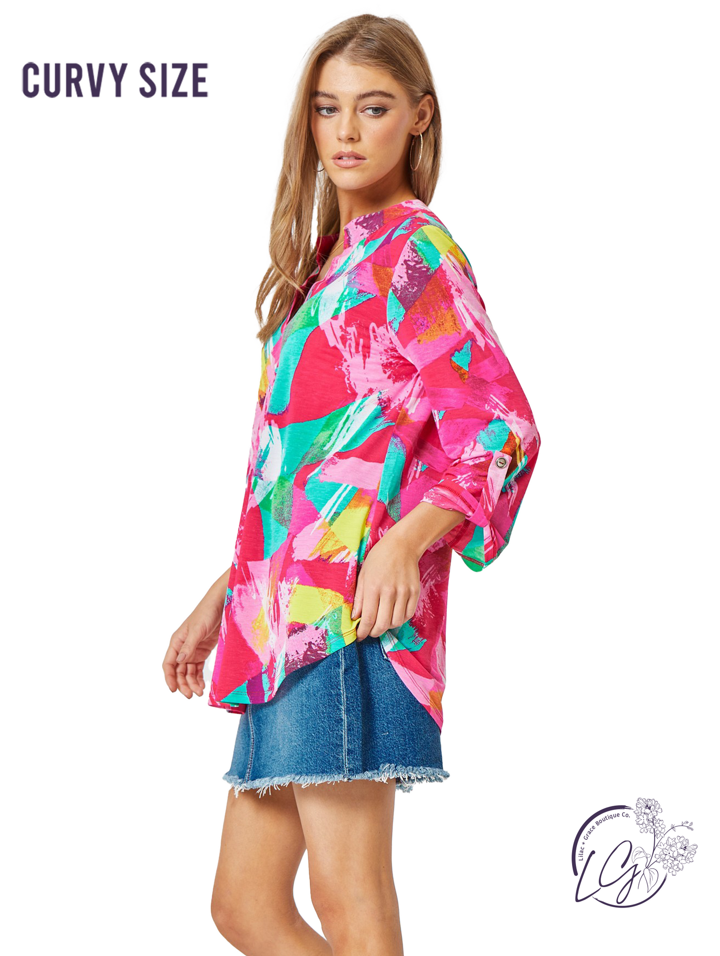 Curvy Multi Print Lizzy 3/4 Sleeve Top