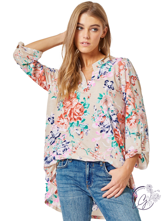 Beige Floral Lizzy 3/4 Sleeve Top