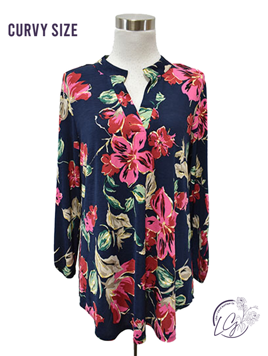 Curvy Navy Multi Floral Lizzy Top