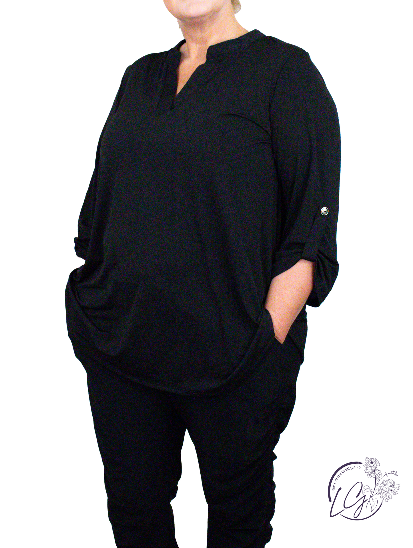 Curvy Black Lizzy 3/4 Sleeve Top