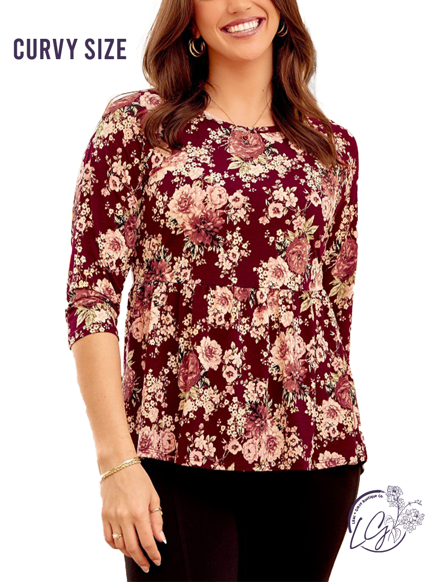 Curvy Wine Floral Print Top By Dear Scarlett