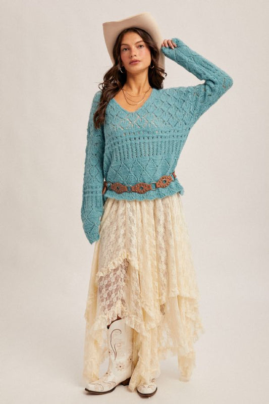 Open Knit V-Neck Crop Sweater