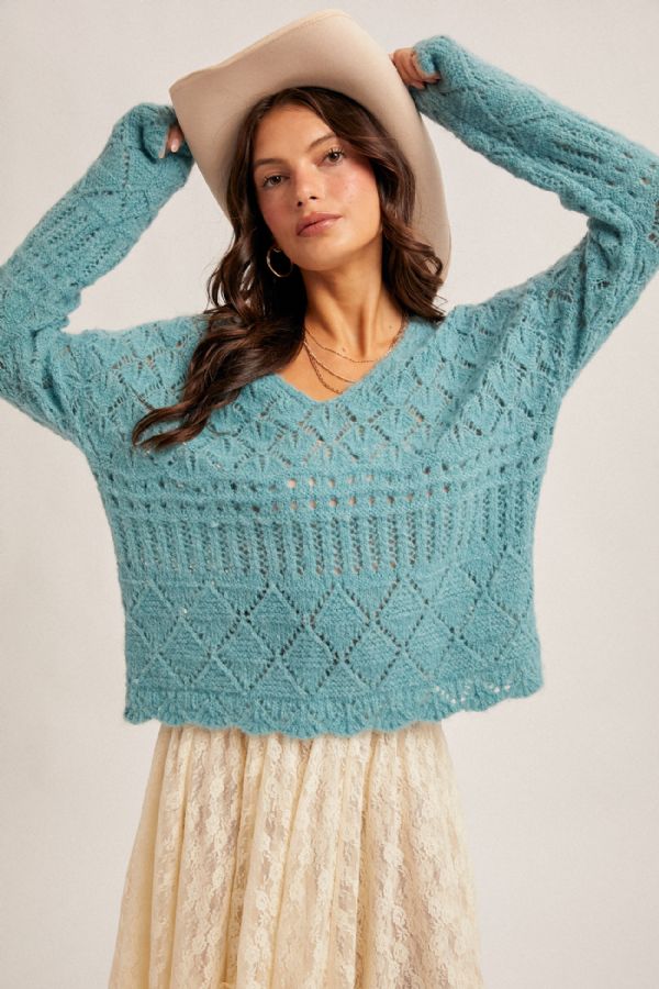 Open Knit V-Neck Crop Sweater