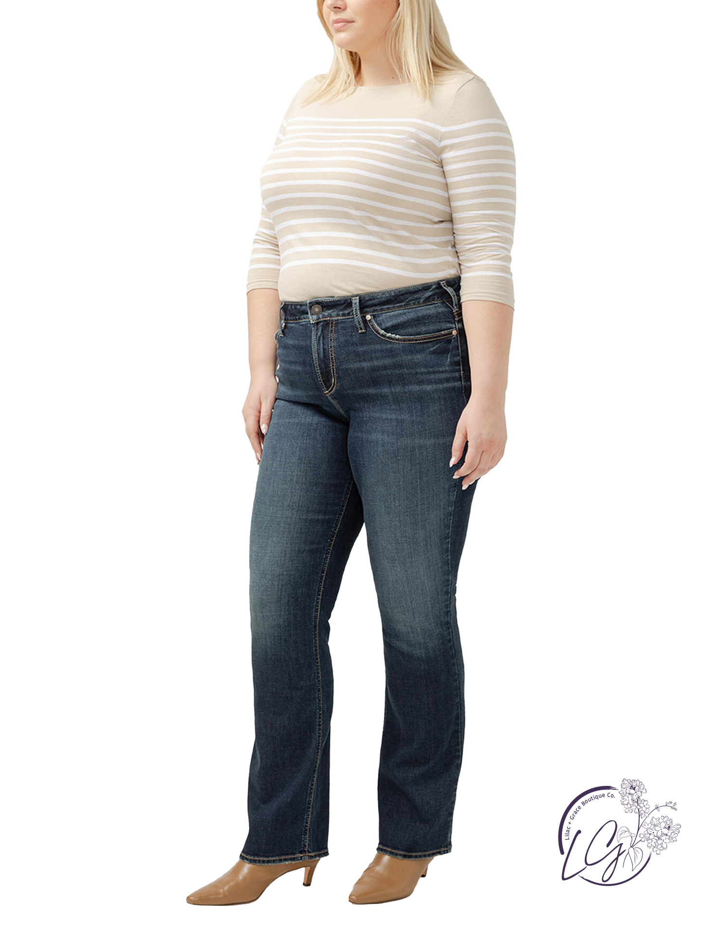 Curvy Linette Mid-Rise Slim Bootcut Jeans by Silver Jeans
