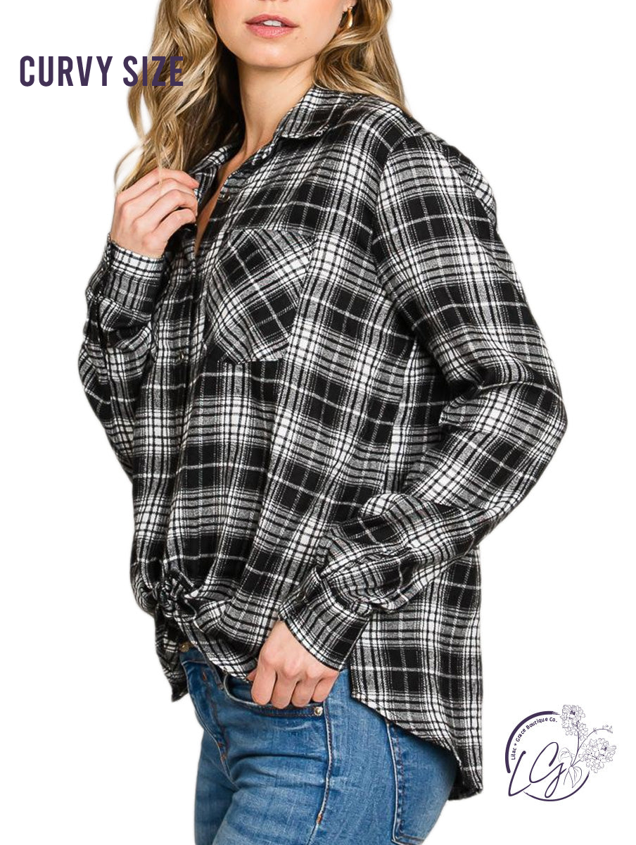 Curvy Soft Plaid Button-Down Shirt with Bust Pockets